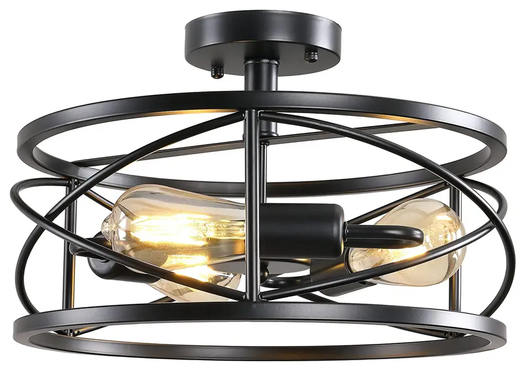 3-Light Semi Flush Mount Ceiling Light Black Cage Ceiling Lamp